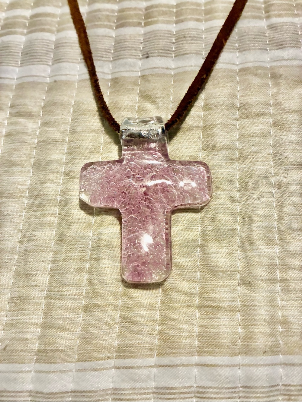 NWOT Italian Pink Glass Cross Pendant Necklace